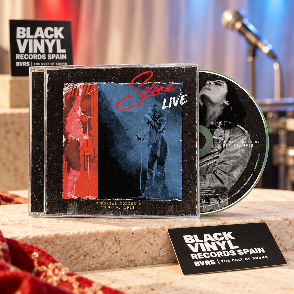 Selena LIVE en CD con escenario luminoso rojo y azul y elementos de Black Vinyl Records Spain